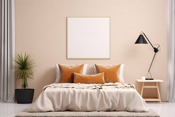 square blank mock up frame with wooden bezels on a modern bedroom