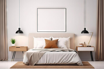 big rectangular mock up frame with black bezels on a modern bedroom