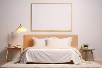 big rectangular mock up frame with golden bezels on a modern bedroom