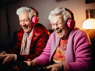 Cute retired gray haired senior gamers couple in vibrant clothes laughing and playing video game at the birthday party. Generative AI