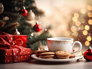 Fototapeta na wymiar Closeup professional color grading photography of Christmas cookies, cup of coffee, and gift boxes with blurred Christmas tree in the background. Generative AI
