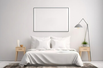 square blank mock up canvas on a modern bedroom with white sheets