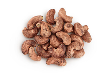 cashew nuts heap with shell isolated on white background. Top view. Flat lay
