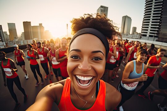 black female marathon runner is taking a selfie while running through a crowd of other runners, with the city skyline in the background , wide angle view