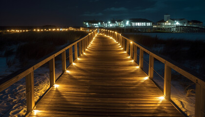 Fototapeta premium A tranquil seascape illuminated by street lights and lanterns generated by AI