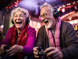 Cute retired gray haired senior gamers couple in vibrant clothes laughing and playing video game at the birthday party. Generative AI