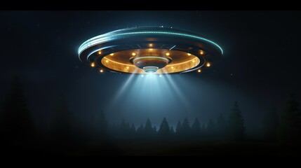 UFO flying with alien and abduct beam at night.3d rendering