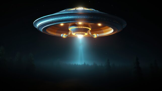 UFO flying with alien and abduct beam at night.3d rendering