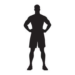 Male athlete standing with hands on hips, isolated vector silhouette, front view