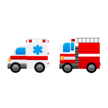 Emergency transport vector icon set. Isolated ambulance, fire engine. Vector illustration