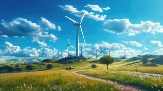 wind turbines on green farm.Winmill power energy. Green farm with renewable energy.