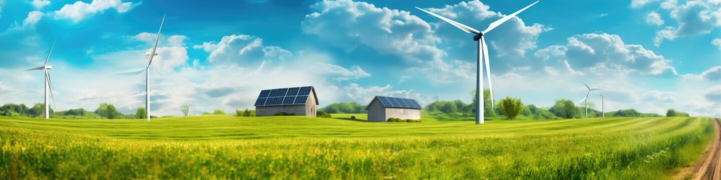 wind turbines on green farm.Winmill power energy. Green farm with renewable energy.