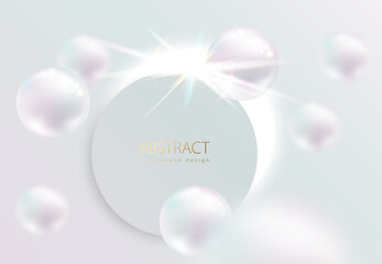 Flying white natural pearl sphere, blur on light pearly background. Flat cut disk frame sun eclipse white glow light effect. Luxury pearl vector abstract delicate background for beauty advertisement