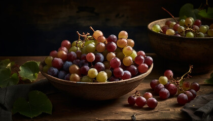 Fresh organic grape fruit on rustic wooden table in bowl generated by AI