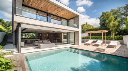Modern villa with swimming pool. Generative AI