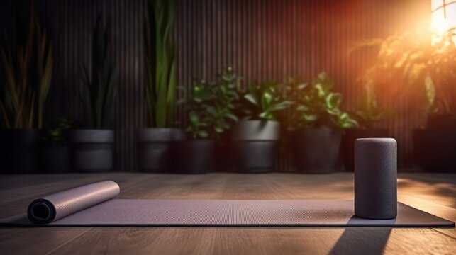 Yoga mat in yoga room with plant ,scented candle and mirror. 3d rendering