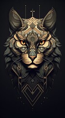 Cat head with tribal ornaments isolated on black background. Sublimation design