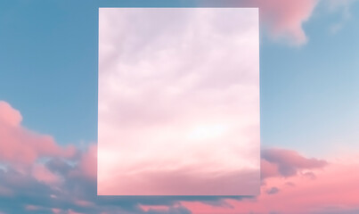 abstract modern minimal background with clouds and a square glass mirror - pink and blue colors
