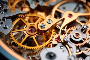 Gears and cogs in clockwork watch mechanism