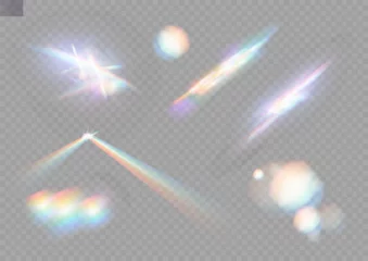 Foto auf Acrylglas Set of colorful vector lenses and light flares with transparent effects. Iridescent crystal leak glare reflection effect. Optical rainbow lights, glare, leak, streak overlay. falling confetti. Vector © roman11998866