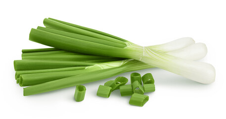 Green onion isolated on the white background with full depth of field - obrazy, fototapety, plakaty