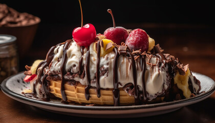 Indulgent homemade dessert chocolate berry pie with whipped cream icing generated by AI