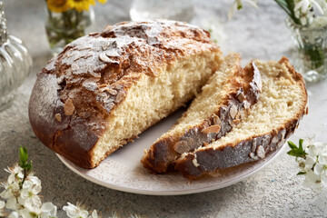 Sliced Czech sweet Easter cake on a table