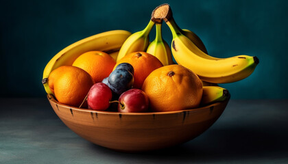 Fresh fruit bowl banana with orange, grape, lemon, lime, apple, tomato generated by AI