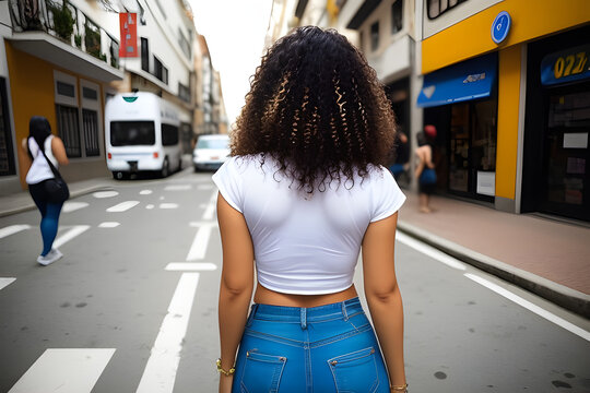 Image of a rear view of an attractive woman walking down a street. (AI generative illustration)