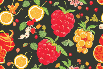Vector abstract pattern with raspberries, 
lemons, flowers and berries, green leaves
on a dark background.