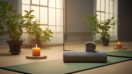Fototapeta na wymiar Yoga mat in yoga room with plant ,scented candle and mirror. 3d rendering