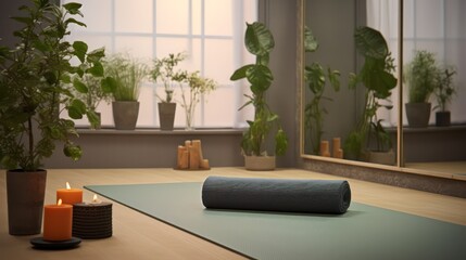 Yoga mat in yoga room with plant ,scented candle and mirror. 3d rendering