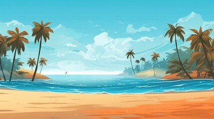 The image is a horizontal outdoor nature scene with tropical beach. (Illustration, Generative AI)