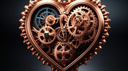 A detailed steam punk copper heart isolated on dark background. (Illustration, Generative AI)