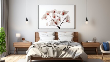 Contemporary bedroom interior in white and blue colors, with wall frame 3d render. Created with generative AI.