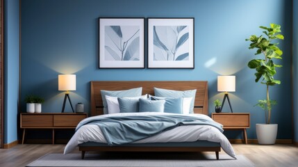 Fototapeta na wymiar Contemporary bedroom interior in white and blue colors, with wall frame 3d render. Created with generative AI.