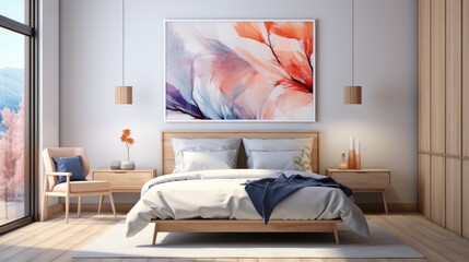 Contemporary bedroom interior in white and blue colors, with wall frame 3d render. Created with generative AI.