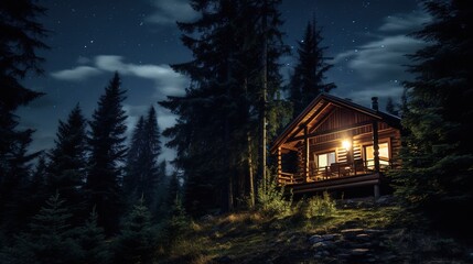 cabin in the wood wilderness, surrounded by pine tree, starry night sky above. Generative AI