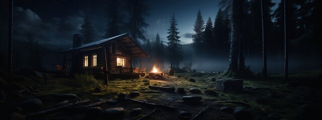 cabin in the wood wilderness, surrounded by pine tree, starry night sky above. Generative AI