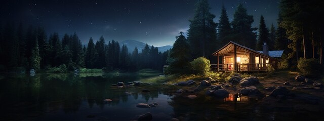 cabin in the wood wilderness, surrounded by pine tree, starry night sky above. Generative AI