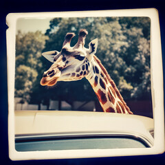 Vintage Polaroid Photo of Giraffe Behind Car - generative ai