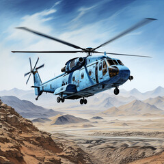 Military helicopter, flying in the barren mountains