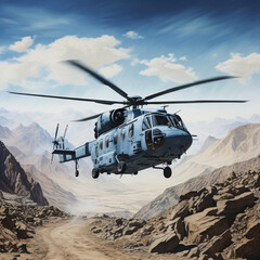Military helicopter, flying in the barren mountains