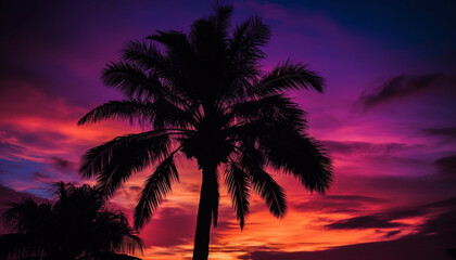 Fototapeta na wymiar Silhouette of palm tree against vibrant sunset, tropical paradise beauty generated by AI