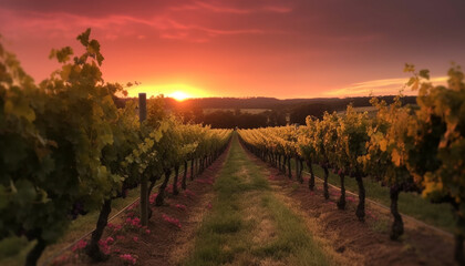 Fototapeta premium Rural winery harvests ripe grapes in Chianti region at dusk generated by AI