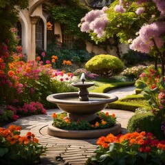 A peaceful garden with blooming flowers and a small fountain