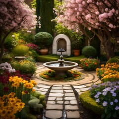 A peaceful garden with blooming flowers and a small fountain
