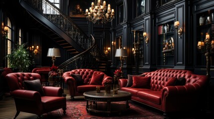 Fototapeta na wymiar Elegant dark interior with bright red armchairs, 3d render. Created with generative AI.