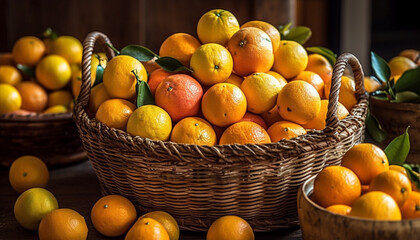 Fresh organic citrus fruit basket on rustic wooden table for healthy eating generated by AI