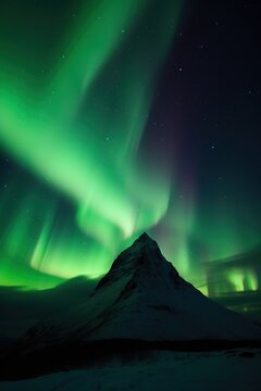 the aurora borealis gleams above a snowy mountain background. AI Generated